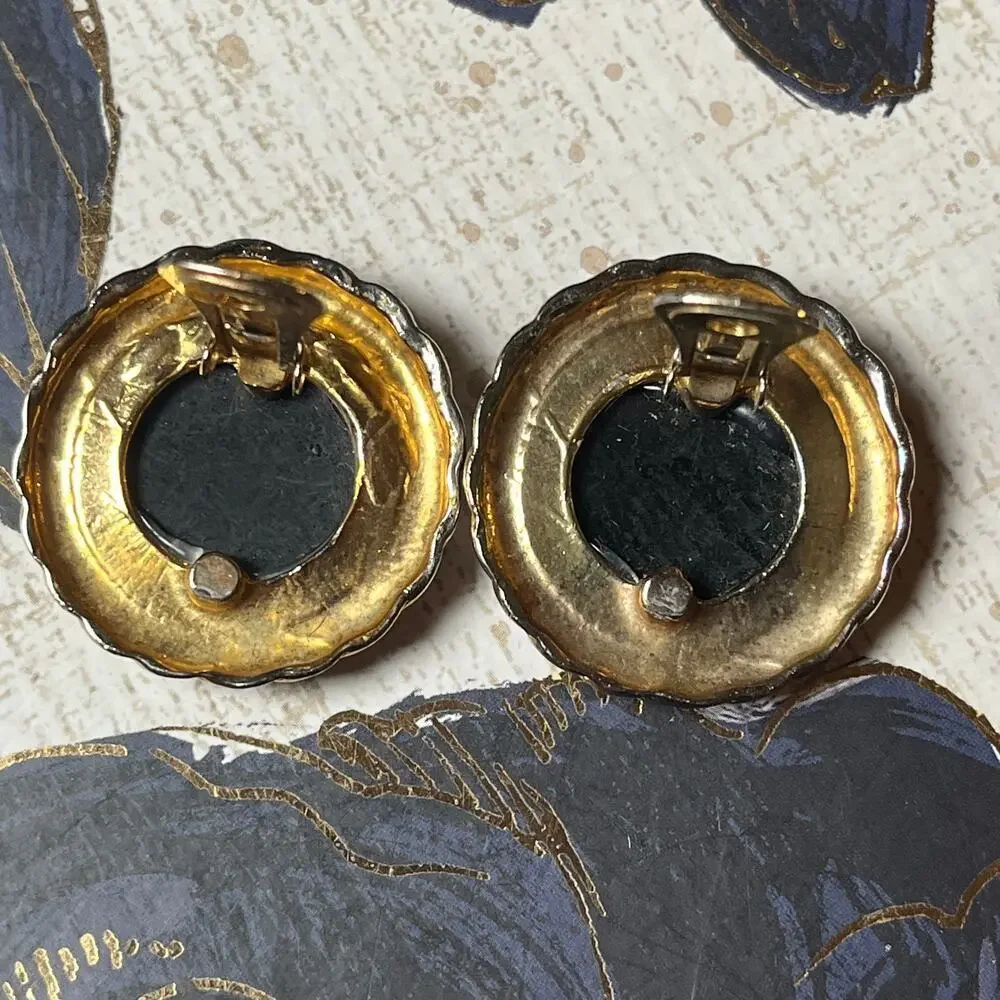Vintage 80s Oversized XL Gold and Black Cameo Medusa Greek Myth Earrings